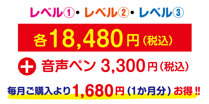 レベル①、レベル②、レベル③　各18,481円+音声ペン3,300円　毎月購読より1,680円（1ヶ月分）お得